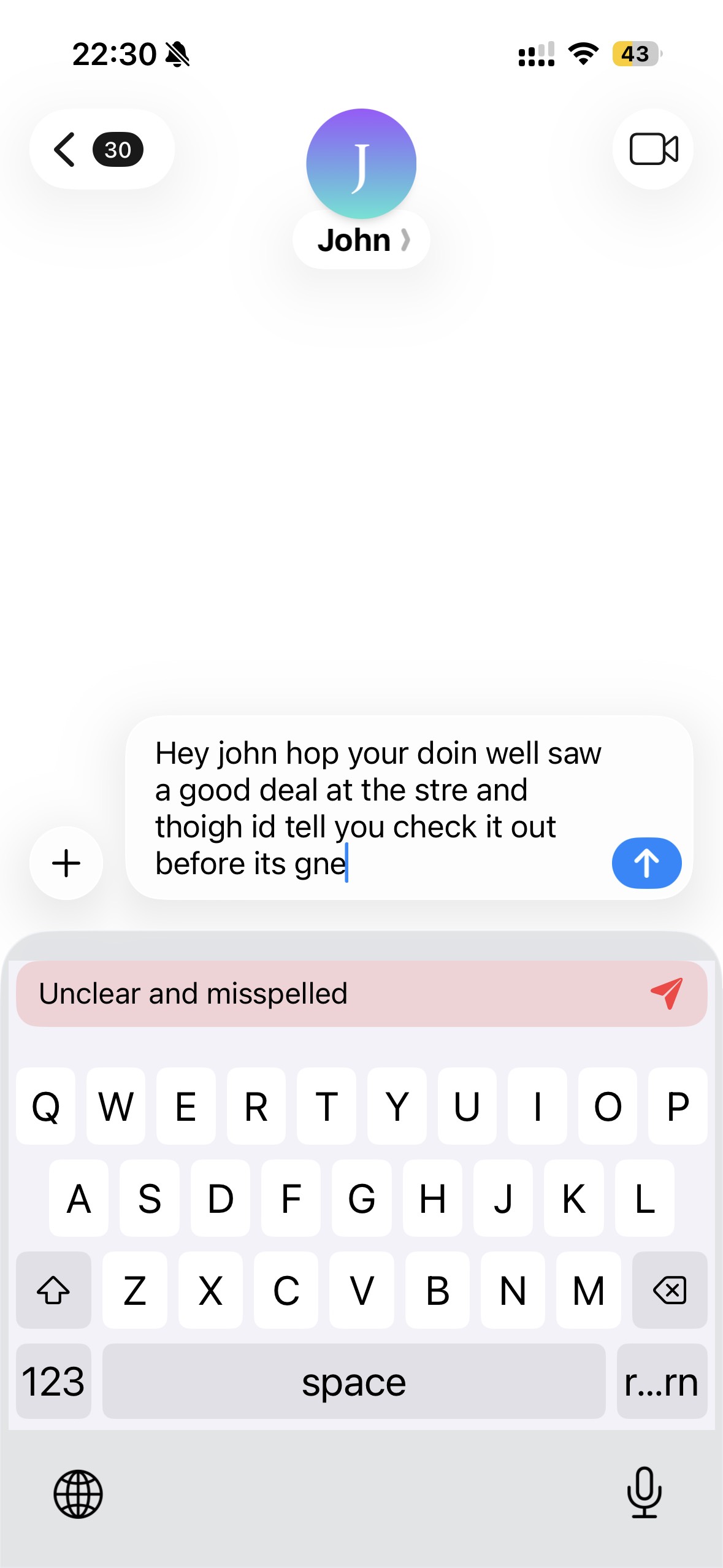 Before - You type a quick message with typos and unclear wording. Wing detects issues and flags them.